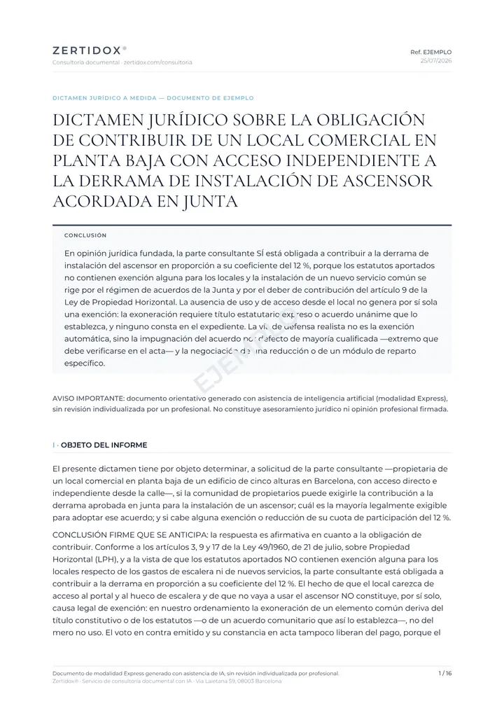 Primera página del dictamen de ejemplo, con su conclusión destacada