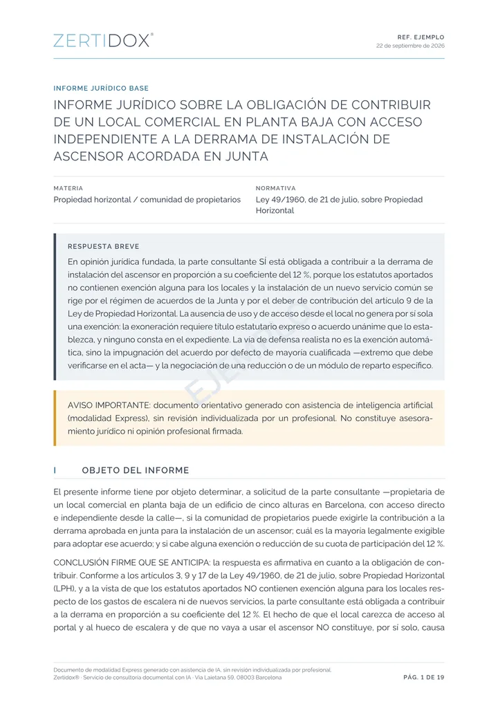 Primera página del informe de ejemplo, con su respuesta breve